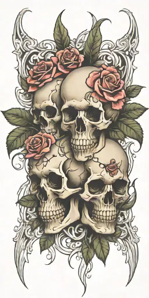 Skulls With Roses Blooming