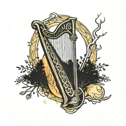 Celtic Harp Surrounded By Glowing Lights Background With Dead Trees