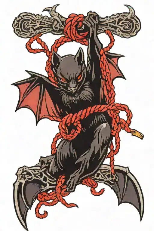 Black Bat With Black And Red Bdsm Rope Intertwined Symbolizing
