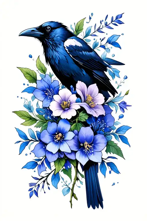 Raven And Larkspur Flowers Intertwined