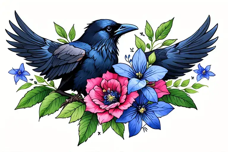 Raven And Larkspur Flower Intertwined
