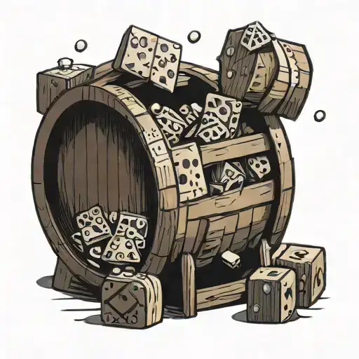 A Wooden Beer Barrel With A D20 Dice And Two Feet Popping Out The Bottom
