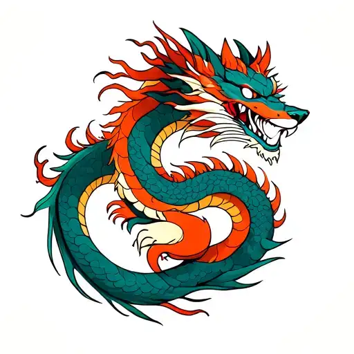 Japanese Dragon Intertwined With A Kitsune Fox