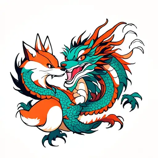 Japanese Dragon With A Kitsune Fox Playing