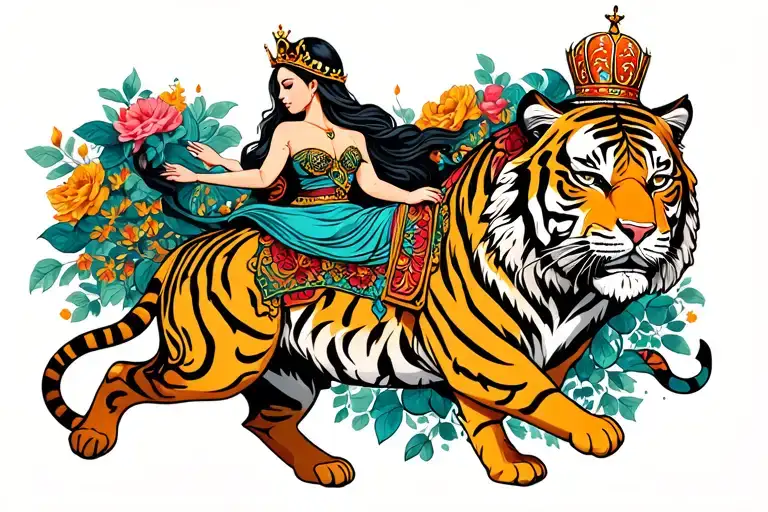 A Beatiful Woman Riding A Tiger She Is A Queen Crown