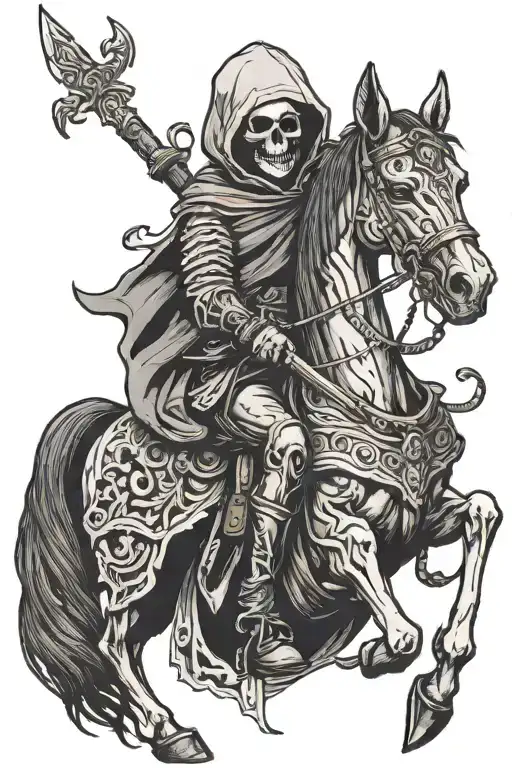 Death Riding A Horse With Cat In His Lap Wearing A Hood And Holding A Scythe