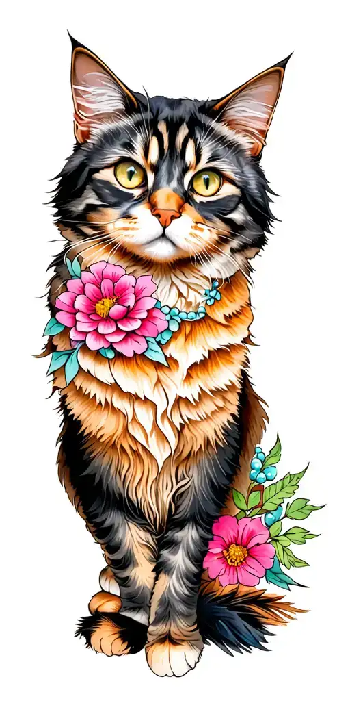 Mainecoon Cat And Flowers