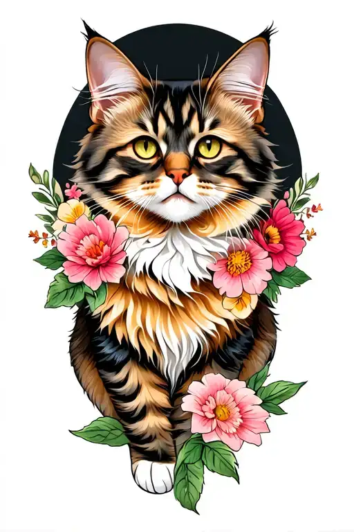 Mainecoon Cat And Flowers