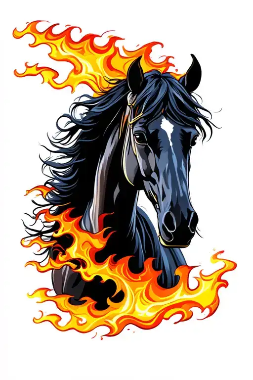 Friesian Horse And Fire Flames