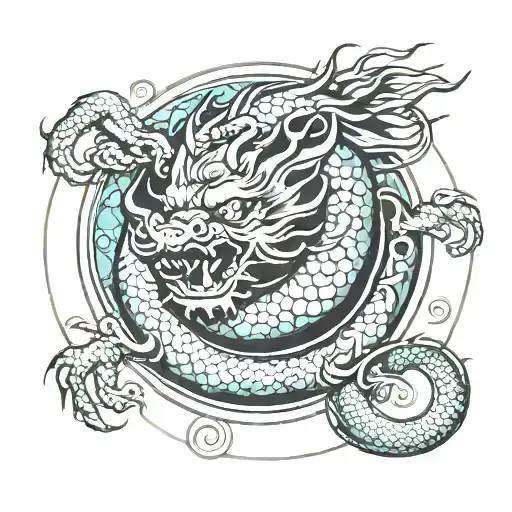 Chinese Dragon Curled Into A Ball On A Circle Background