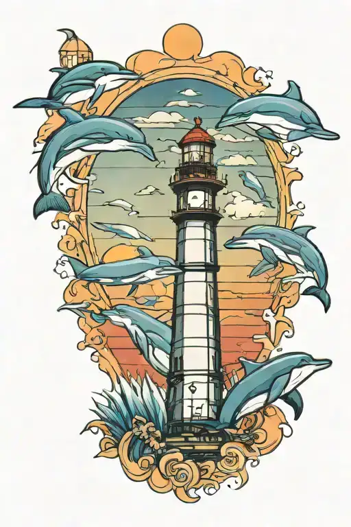 Lighthouse And Dolphins Jumping With Sunset