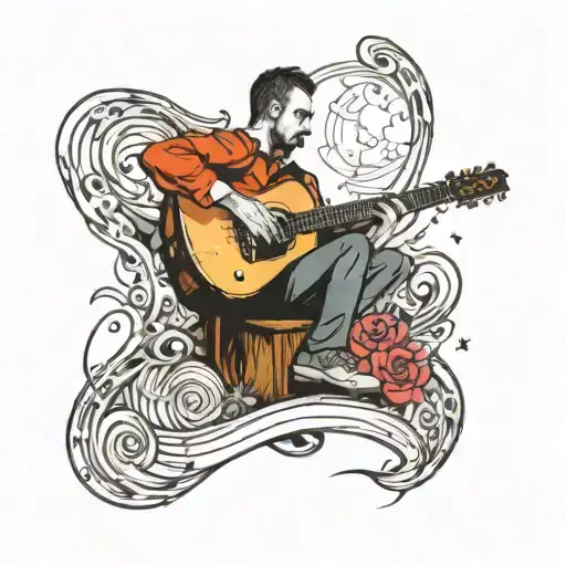 Tattoo Sketch Of A Man Standing On The Neck Of A Guitar As If On A Path To Space