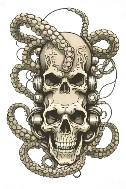 Octopus Wrapped A Skull Wearing Headphones