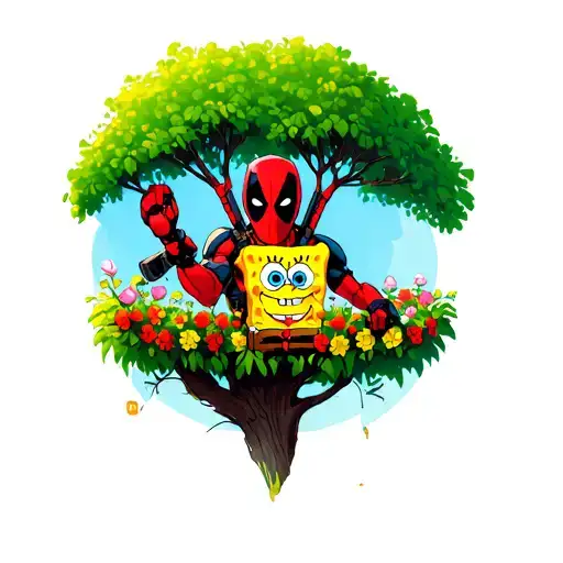 Deadpool In A Tree Overlooking Spongebob In A Bed Of Flowers