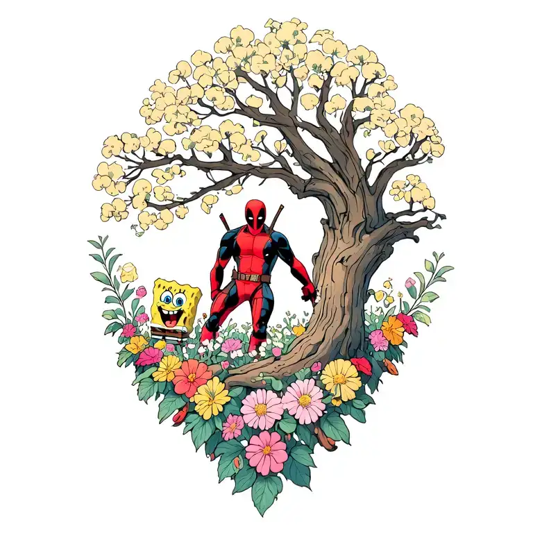 Deadpool In A Tree Overlooking Spongebob In A Bed Of Flowers