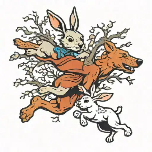 Dog Chasing Rabbit Around A Tree