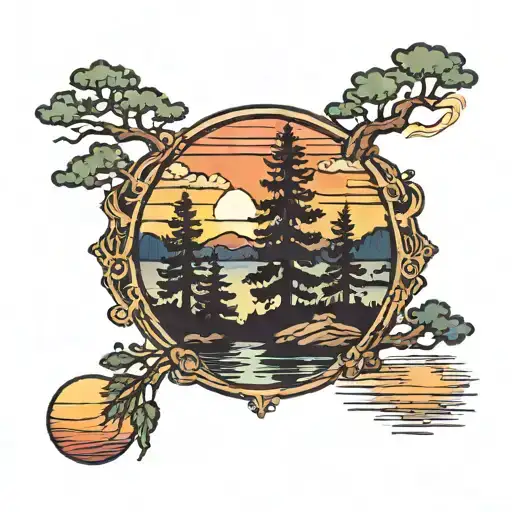 Evergreen Trees Colors Sunset Over Lake