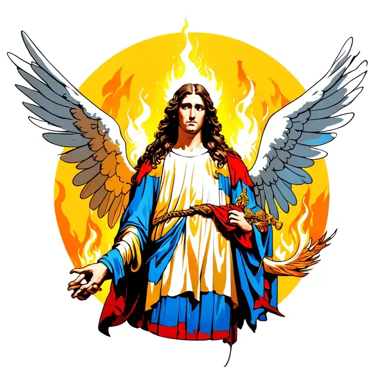 Biblical Angel With Light And Fire In The Background