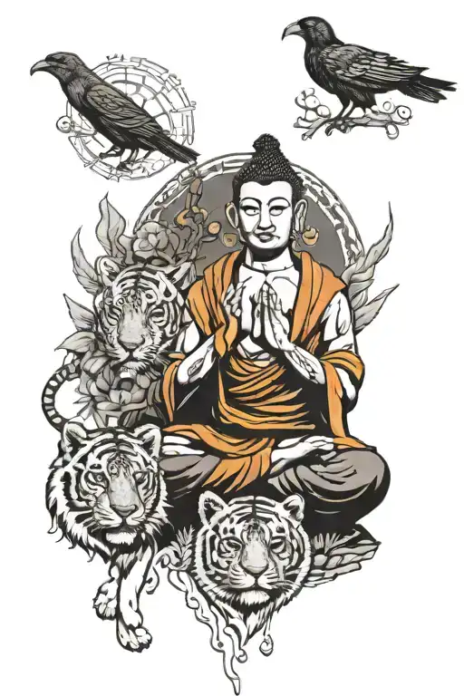 Buddha And Wolf And Tiger And Raven Sitting