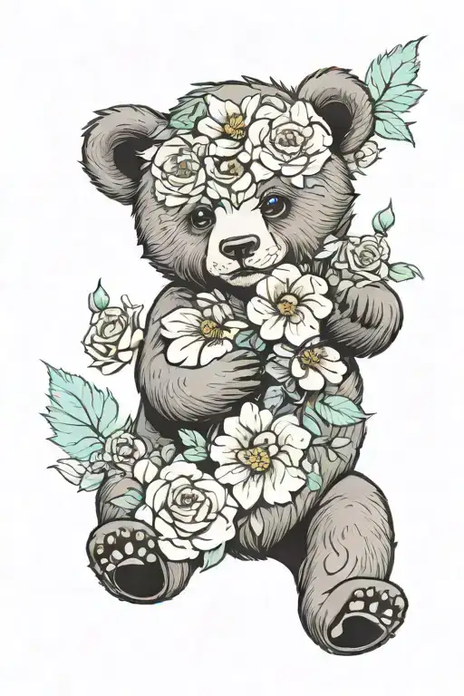 Flowers With Bear Cub Playing
