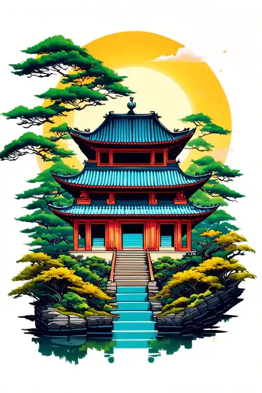 Chinese Temple Surrounded By Nature In The Sunlight