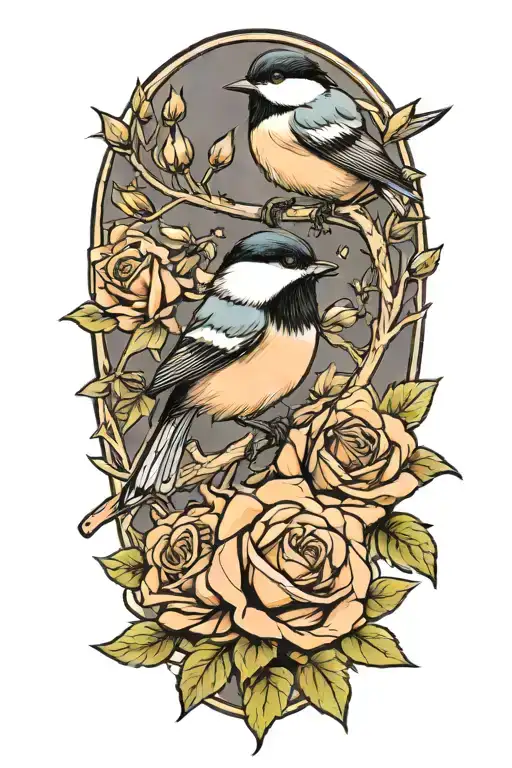 Roses And Chickadee Perched
