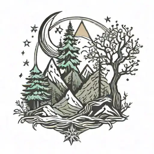 Mountain Trees Moon Star Sun