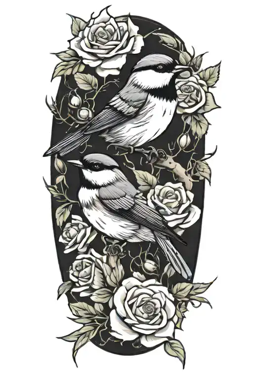 Roses And Penta Flowers With One Chickadee Perched