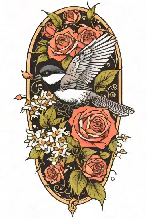 Roses And Penta Flowers With Chickadee Perched