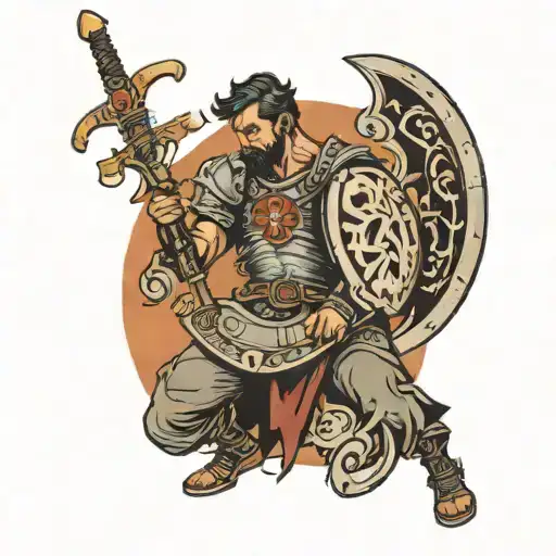 A Man On His Knees Holding A Sword And Shield