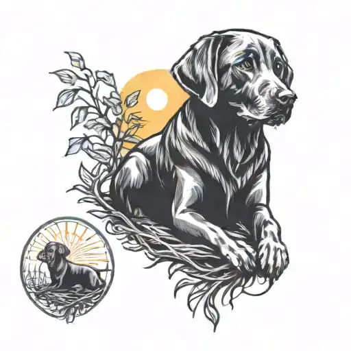 Labrador Sitting Next To Tree With Sun