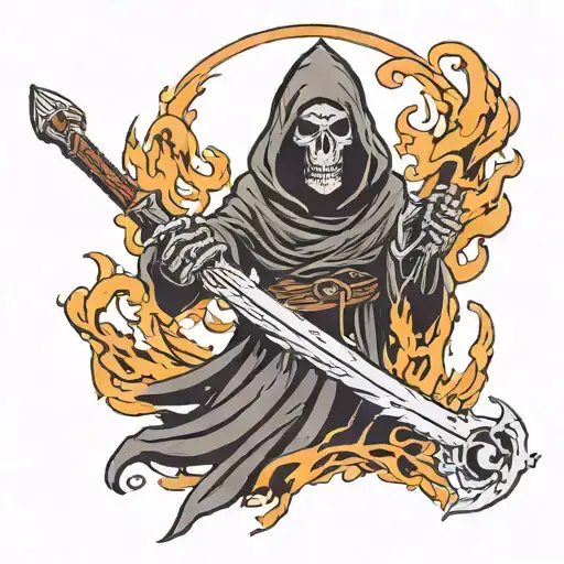 Grim Reaper With Flames Behind It And Sword