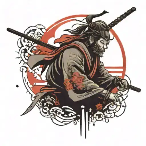 Samurai With A Spear With The Enemy's Head And A Red Sun In The Background Behind