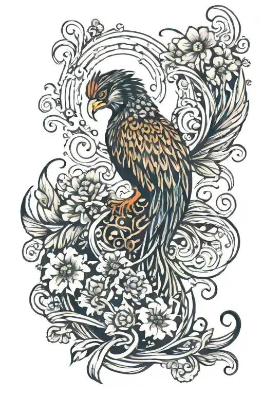 Phoenix Surrounded By Waves And Flowers Surrounding