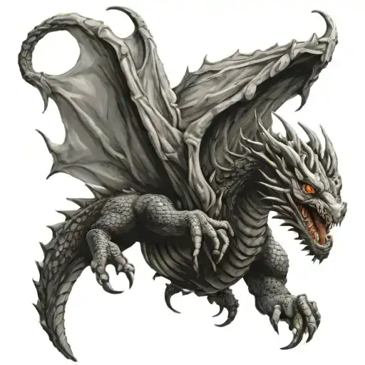 Black And Grey Realistic Dragon Reaching Up With One Arm