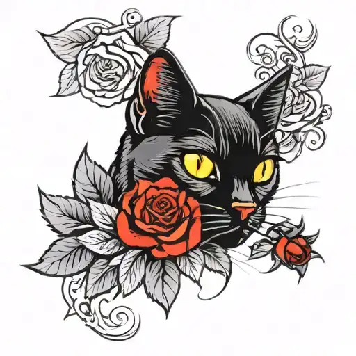 Black Cat Yellow Eyes And Red Roses