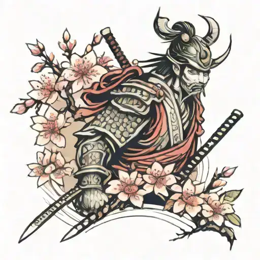 Samurai With Temple And Cherry Blossoms Wrapped