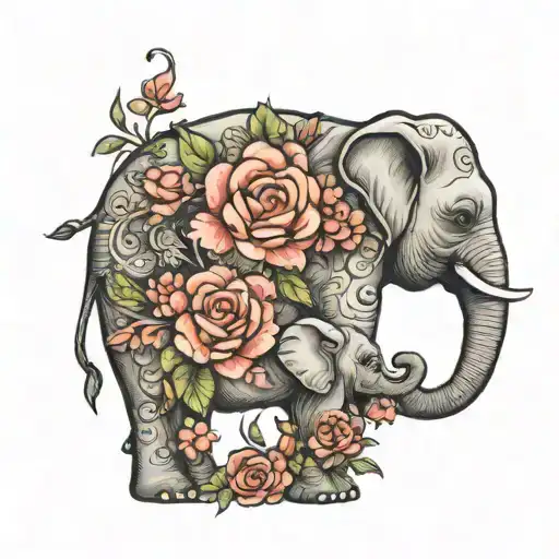 Momma And Baby Elephant With Flowers