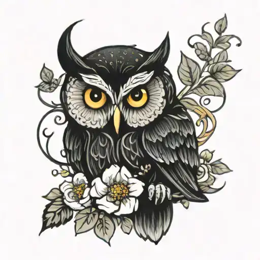 Black Owl With Flowers Around It