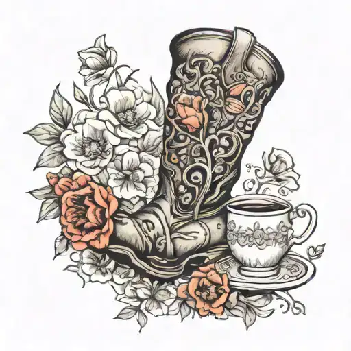Cowboy Boot And Tea Cup Surrounded By Poppies