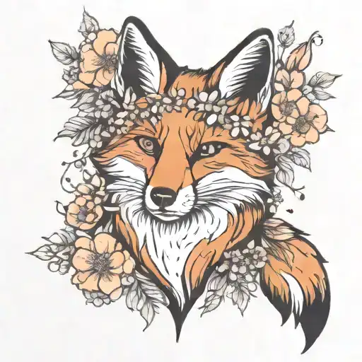 Black And White Fox With Flowers Surrounding