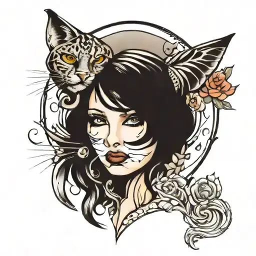 Half Woman Face Half Cat Face Tattoo Designs Intertwined