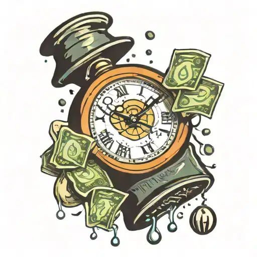 Broken Clock With Money Bag And Raining Cash