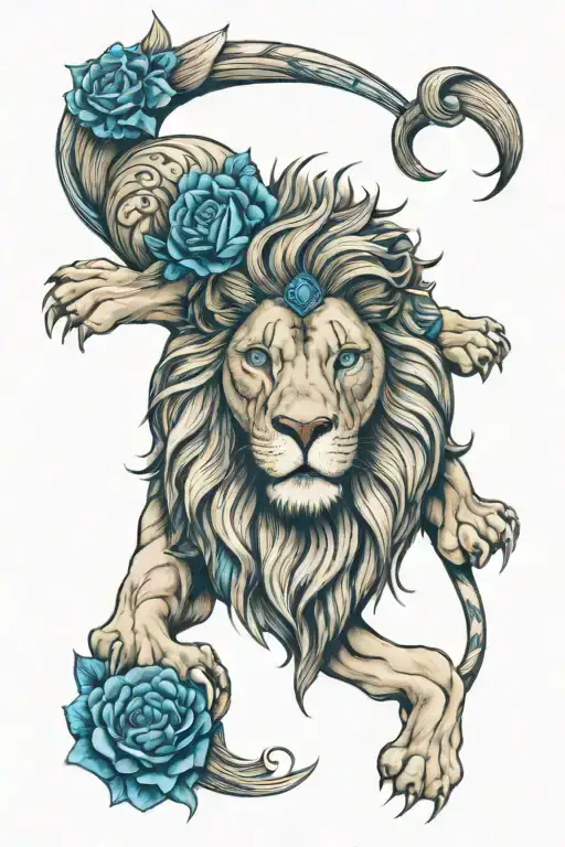 A Male Lion With Blue Eyes Protecting His Daughter