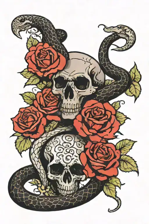 Black Mamba Snake With Skulls And Roses