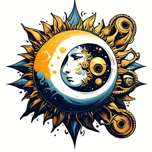 Mechanic Sun And Moon Tattoo Design Inspired