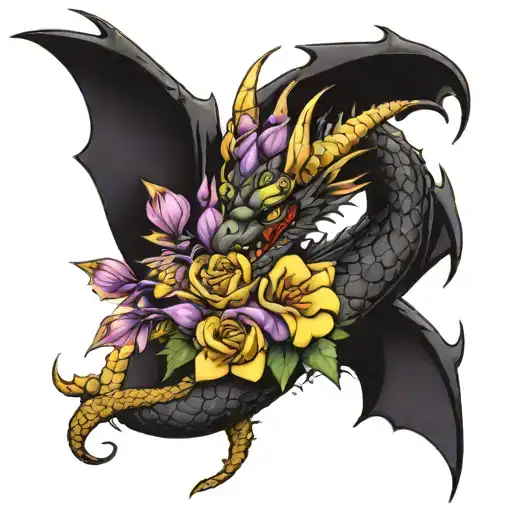 A Dragon Wrapped Around A Bouquet Of Purple And Yellow Flowers