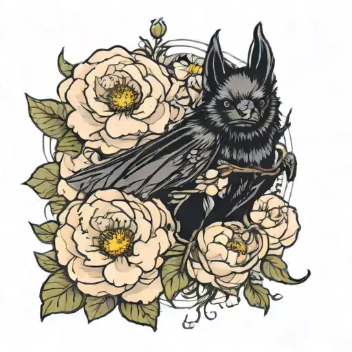 A Black Bat That Is Surrounded By Peonies