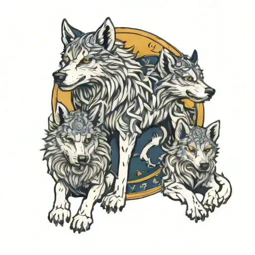 Fenrir Looking Over Its Two Cubs Hati And Skoll As They Play With The Sun And Moon