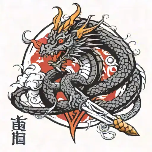 Dragon And Sword With Black Ink In Japanse Style And The Dragon Is Demonic